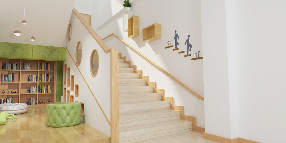 幼儿园楼梯间效果图以往人们认为孩子还小,没有独立的人格和思想,所以