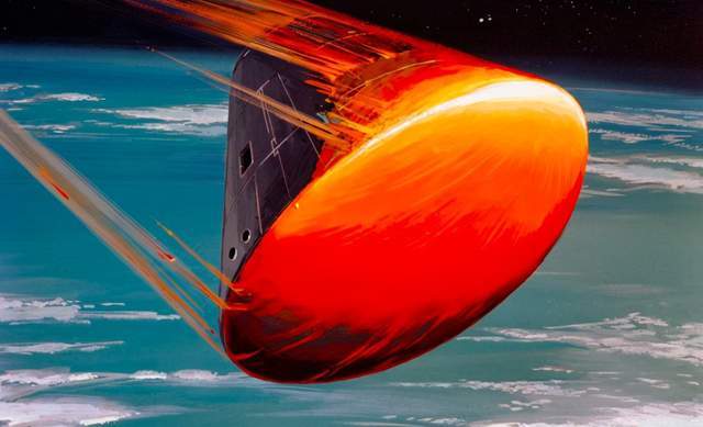 与空气产生强烈压缩,与返回器底端接触的空气会形成一个伞状的激波锥