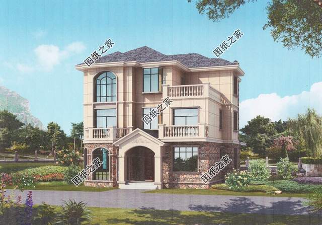 图纸介绍:本户型为三层三间别墅设计方案,简欧风格,带屋顶花园,蓝色