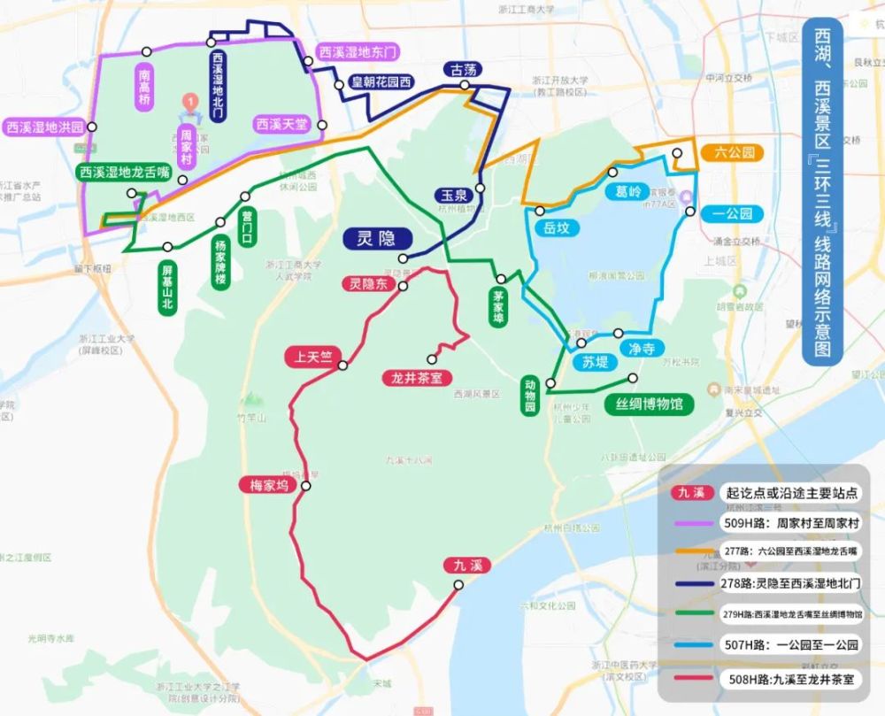 "三环":西湖内环线,西湖外环线,西溪外环线;"三线":西湖六公园,灵隐