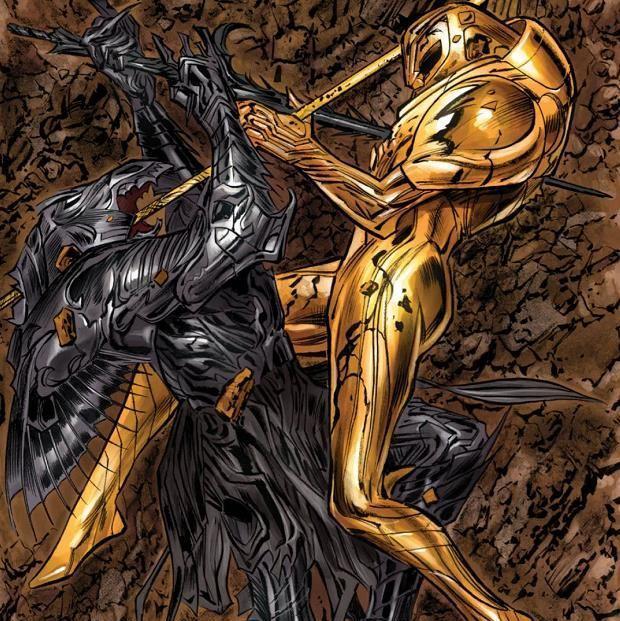 之神》第6期中,出现了一个画面:有一个人物跟身穿金色战甲的神明战斗