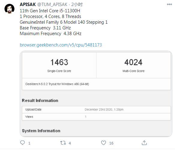 据悉,i7-11370h 同样采用了 4 核 / 8 线程设计,但基础 / 睿频都更高