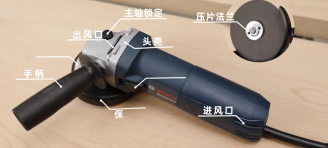 首先要来了解角磨机的结构,角磨机主要是由手柄,保护罩,切/磨片以及