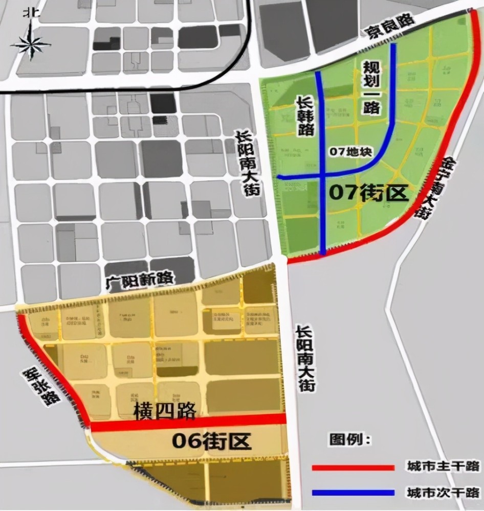 如下图所示按照规划,房山区利用长阳镇中心区06,07 街区建设中心城
