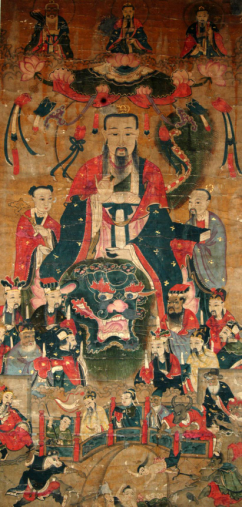 元始天尊,靈寶天尊,太一救苦天尊左右兩側為救苦真人,大惠真人,青獅兩