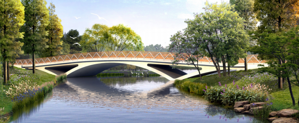 7号桥:车行通船桥,y 型刚构桥桥梁隐于湿地之中,通过平桥的形式给游客