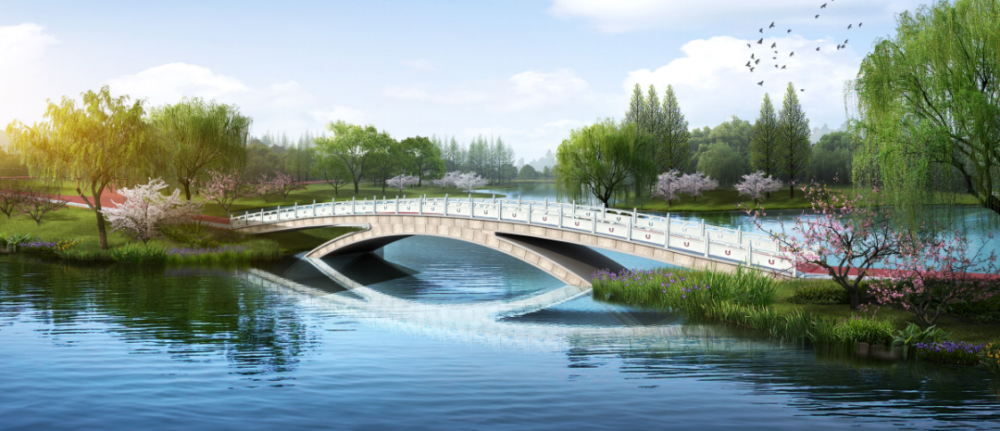 16号桥:车行通船桥,单跨石拱桥桥梁以钢结构为主,宛如飘在水面上的