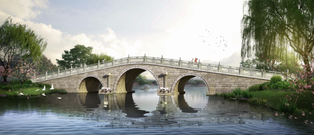 17,19号桥:车行通船桥,三孔石拱桥桥梁紧邻大运场馆,通过栏板 logo