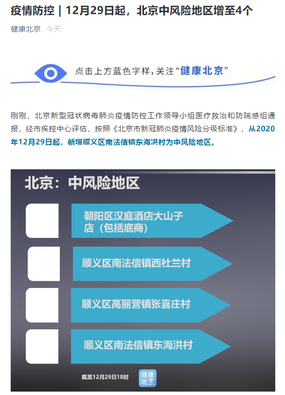 北京中风险地区增至4个!新增顺义区南法信镇东海洪村