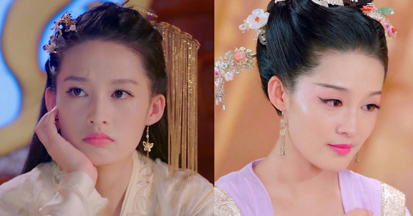 同样是有凤尾花点缀,粉衣披发是小狐狸的娇俏灵动,红衣绾髻是青丘女君