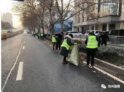 寒风瑟瑟吹叶落环卫工人清扫忙 郑州 花坛