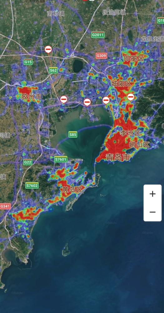 热力图上看青岛济南人口密度依然占据前二位.