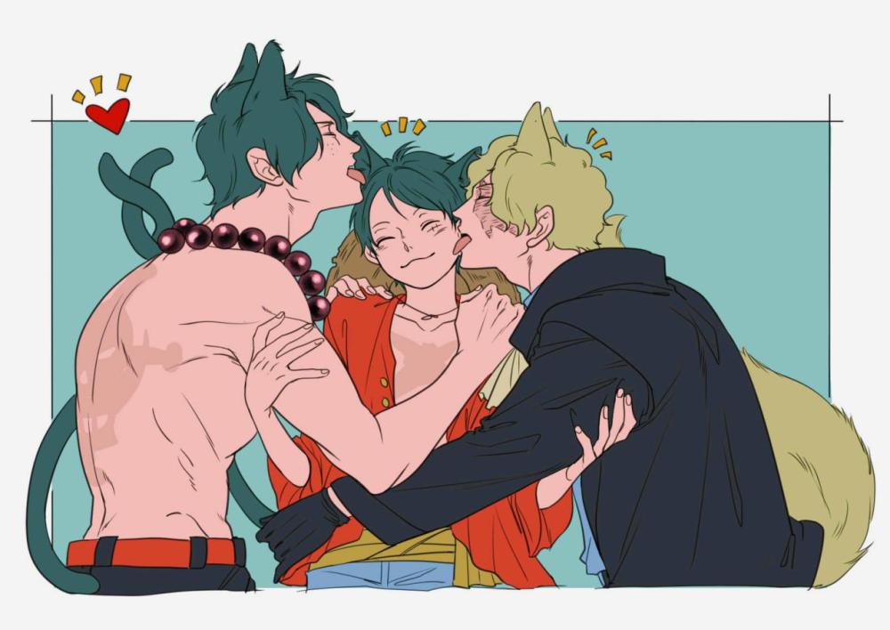 海贼王asl插画分享艾斯和萨博是超级弟控三人变身猫男相互舔毛