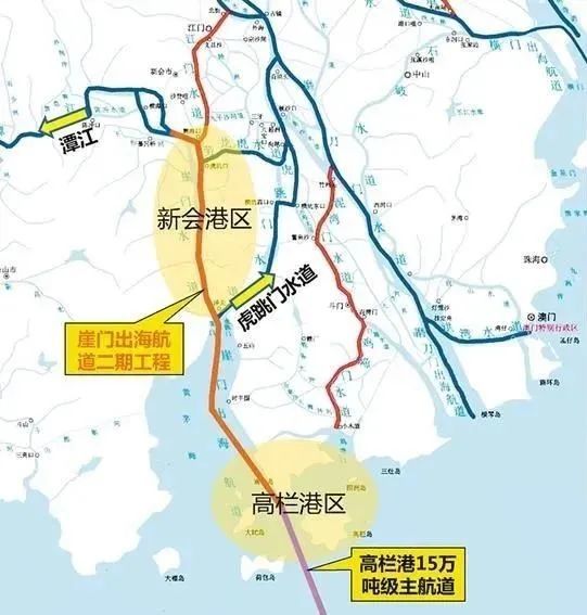 经崖门水道入黄茅海,终点接入高栏港15万吨级主航道,全长67