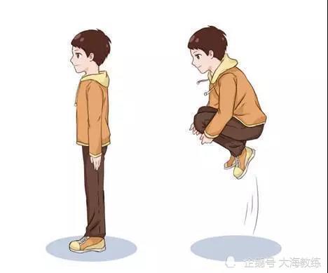 (2)收腹跳快速屈膝用力蹬地,空中保持直腿挺身,打开髋关节;同时两臂由