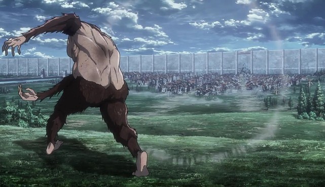 一侧是艾伦等人与超大型巨人的交战.