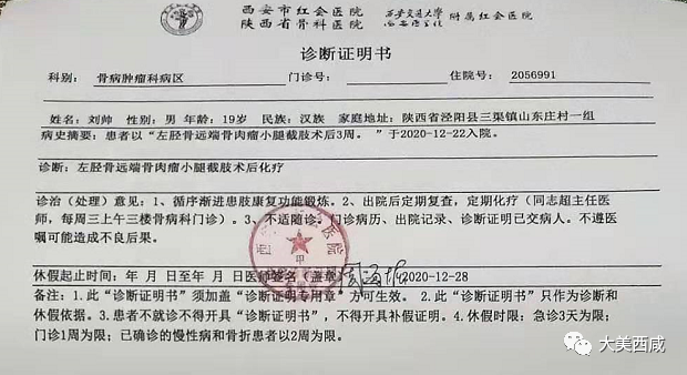 泾阳三渠镇19岁 骨癌少年 刘帅 恓惶 三渠镇 刘帅 泾阳县
