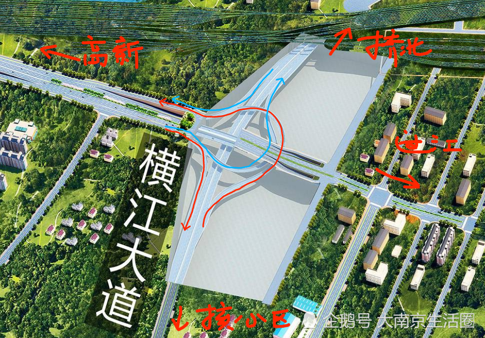 江北大道互通为地上立交,后期尚且可以通过增加新的匝道达到完善立交