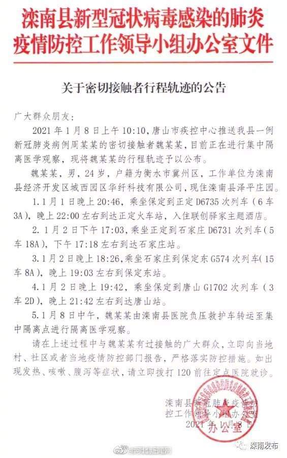 寻人!河北滦南密切接触者行程轨迹公布