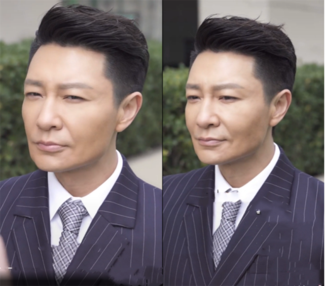 可当镜头推进到脸部时,可以明显看出李宗翰的面部比较僵硬,法令纹明显