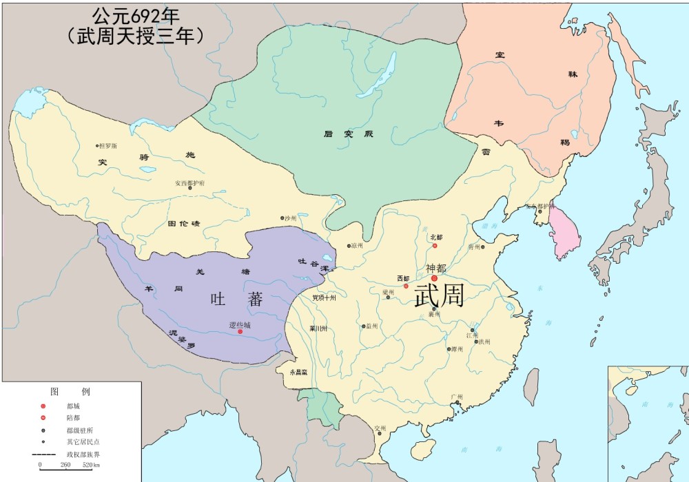 于是到692年底,吞并吐蕃东部,收复安西四镇的武周