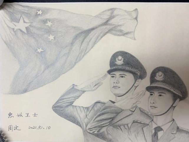 敬礼的素描图片