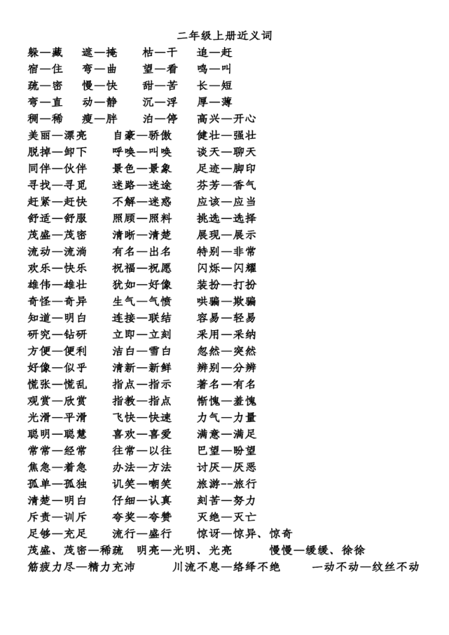 暑假預習:二年級上冊近義詞反義詞,可打印