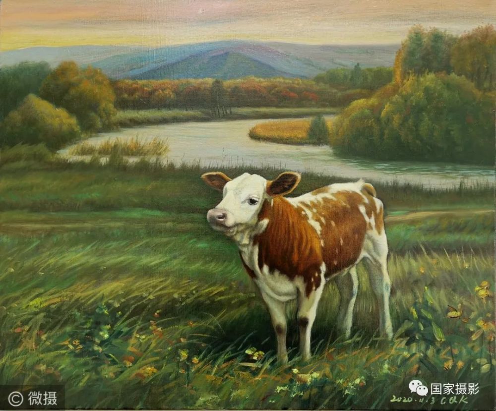 《傍晚时分》布面油画40×50cm作于2019年-《老水牛》布面油画50