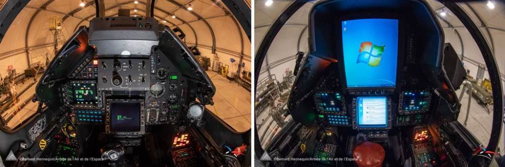 法国幻影2000d战斗机座舱升级前后对比,可以看到升级后的屏幕中显示了