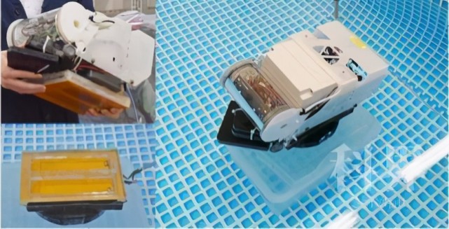 水下无人机(左上);电源站(左下);海底电源站上充电的水下无人机(右).