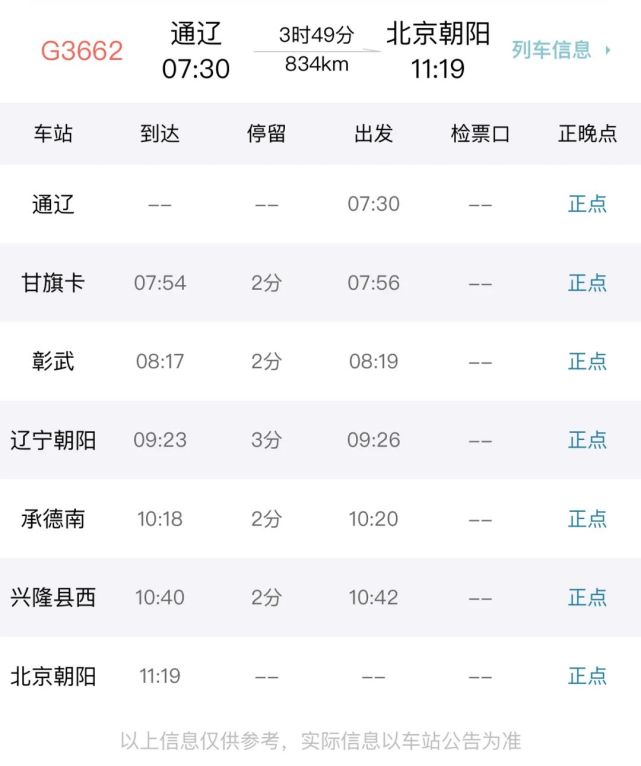通辽站7:30发北京朝阳站11:19到g3662次动车组列车的车次通辽站北京