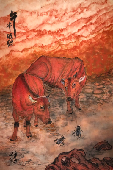 在绘画的过程中,为了表现蟋蟀的真实性,他运用了国画和油画的技巧.