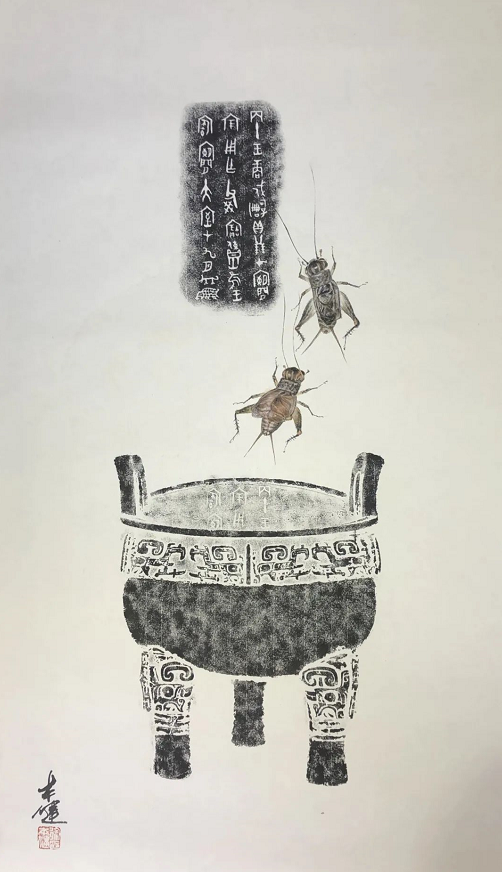 在绘画的过程中,为了表现蟋蟀的真实性,他运用了国画和油画的技巧.