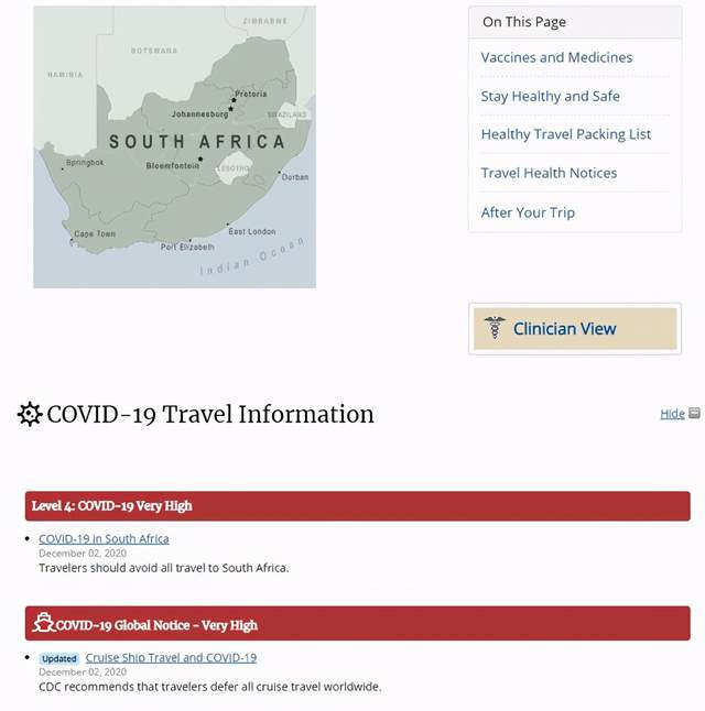 1月24日,美国cdc官网显示:避免国际旅行,避免前往南非(美国cdc图片)