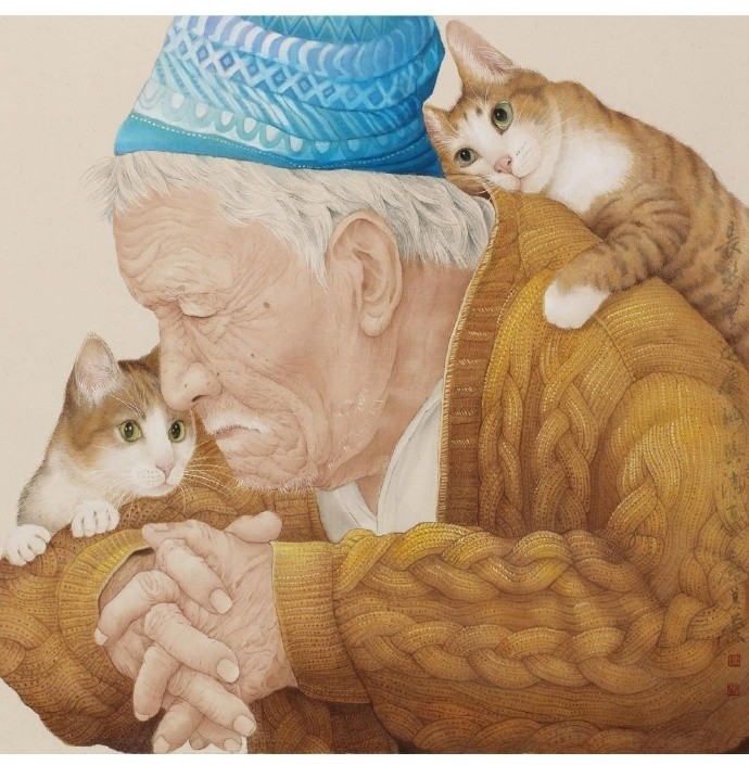 老人与猫—画家廖美兰生动传神的工笔人物画作品