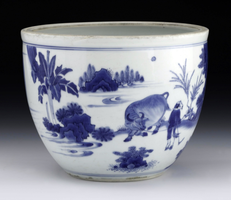 明  景德镇窑青花邴吉问牛图茶缸  上海博物馆藏 当然 最不能忘记的