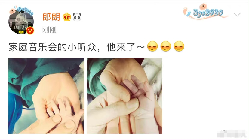 郎朗官宣吉娜生子晒出一家三口握手照孩子性别曝光