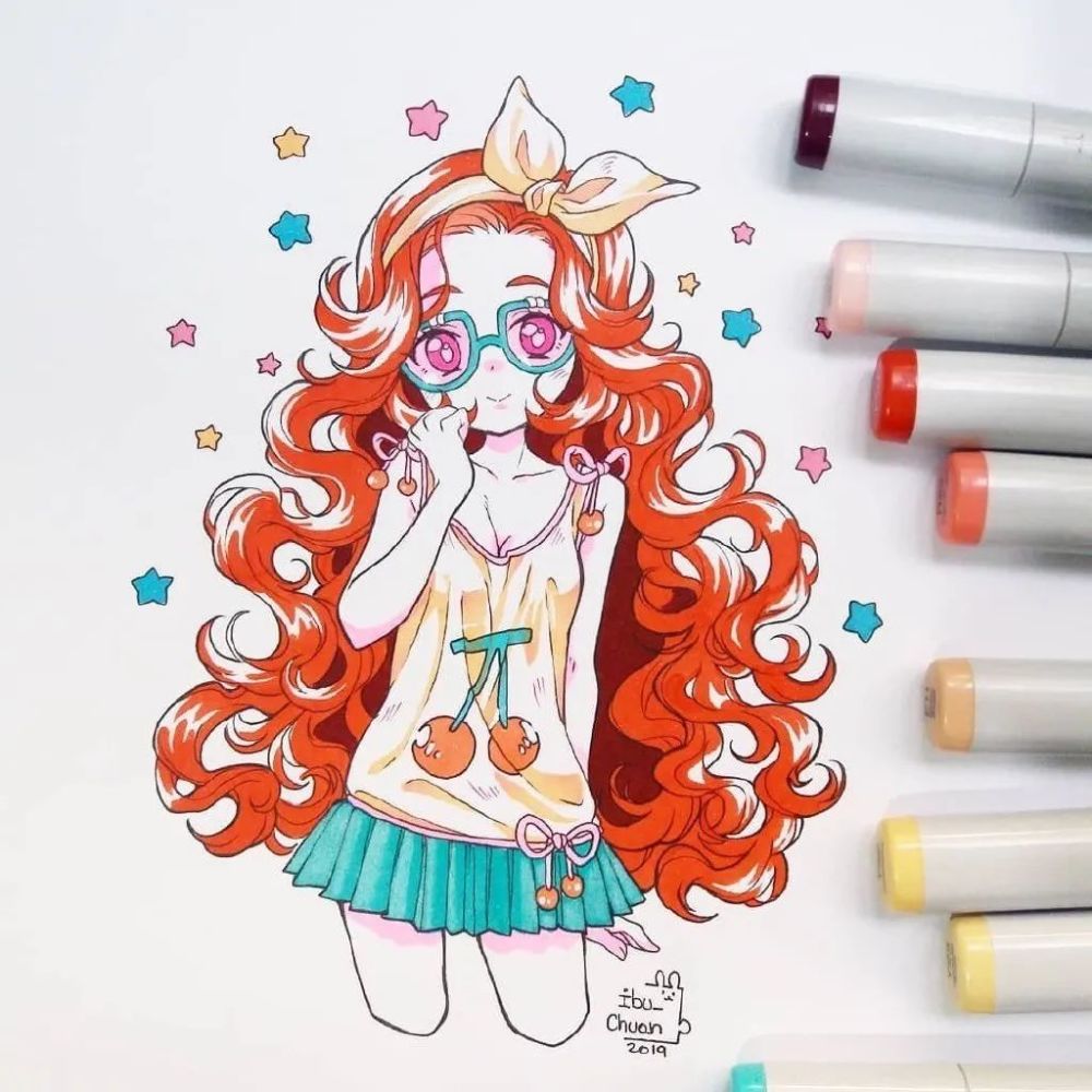 一组超可爱的马克笔卡通美少女