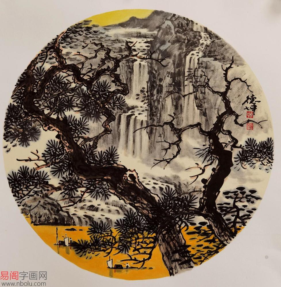 林德坤山水畫圓光《松溪泛舟圖》(作品來源:易閣字畫)林德坤山水畫三