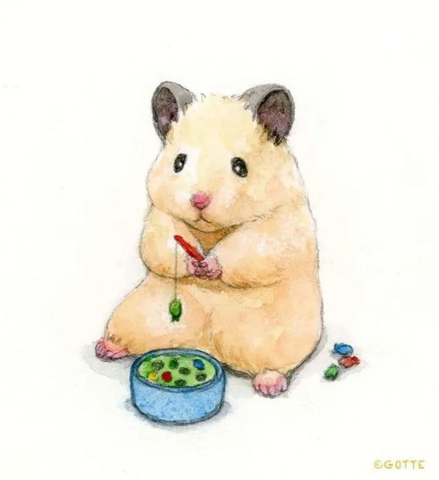 他的插画主角是一只仓鼠,可爱的举动,萌到心都化了
