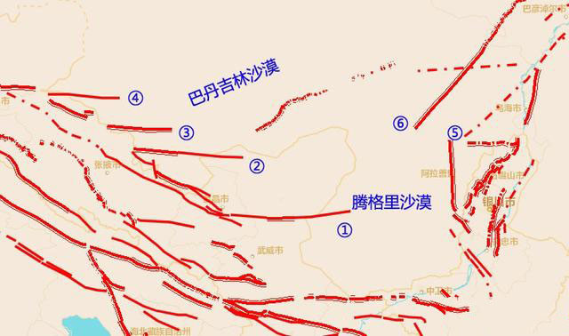 上圖是騰格裡沙漠及巴丹吉林沙漠周邊斷層分佈圖,從這些斷層分佈來看