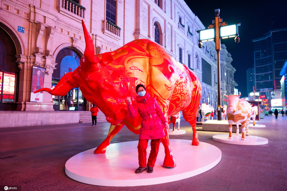 辽宁省沈阳市,为迎接农历牛年到来沈阳中街在步行街上展出了十余只