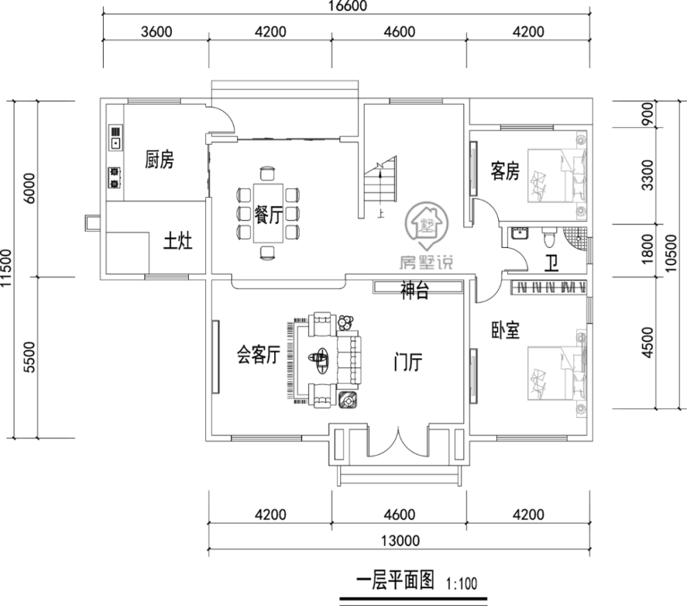 別墅一層設有門廳,客廳,餐廳,廚房,兩個臥室,衛生間.