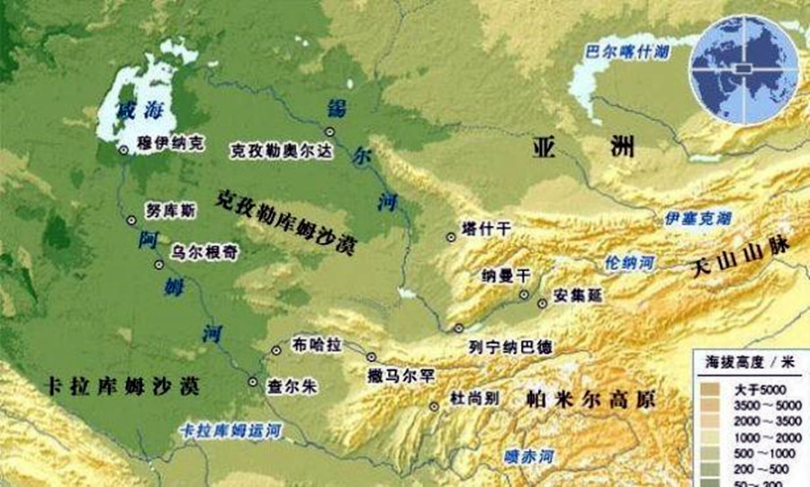 7万平方公里,在地域上分属4个国家,分别为乌兹别克斯坦,土库曼斯坦