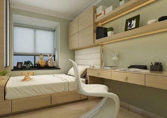 在书房里安装榻榻米,自然要把书桌,书柜,甚至衣柜和榻榻米连在一起