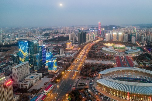 航拍济南cbd的夜景灯光秀.