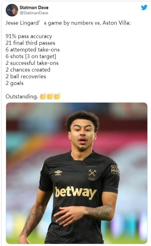 曼联官网附数据图称赞林加德铁锤帮首秀杰出的表现