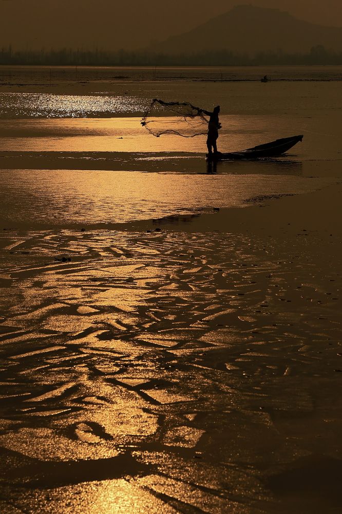 2月4日,一位渔民在印控克什米尔斯利那加湖面上泛舟. 新华社/法新