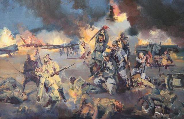 【油画:奇袭阳明堡.】爆破部队与守卫机群的鬼子兵展开了殊死搏斗.