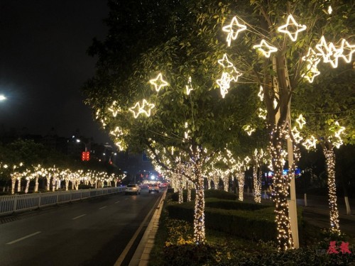 满目星辰南昌红谷滩区上千株行道树挂上灯带